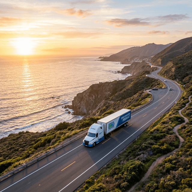 Electric semi-truck on coastal highway